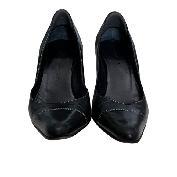 Ralph Lauren Made in Italy Black Leather Heels Pumps White Stitching Size 8 B - Picture 7 of 10
